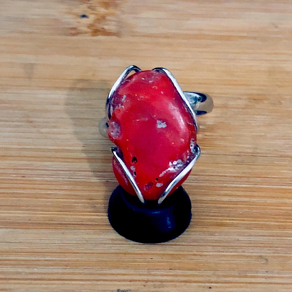 $76 Red Coral Hallmarked Estate Ring Open Shank Sterling Silver Hallmark 925